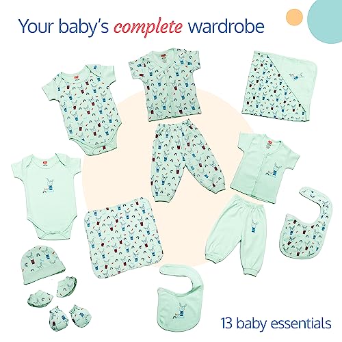 Image of LuvLap Newborn Baby Gift Set of 13, 2 Half Sleeve Jhabla, 2 Rompers, 2 Pyjama, Cap, Mittens, Socks, a washcloth, a Hooded Wrapper, 2 Bibs, Soft Skin Friendly Baby Clothes Set 0-3 Months, Sea Green
