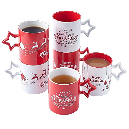 Coffee Mug Set Set of 6 Large-sized 14 Ounce Christmas Theme Ceramic Coffee Mugs Restaurant Coffee Mugs, Star Handle