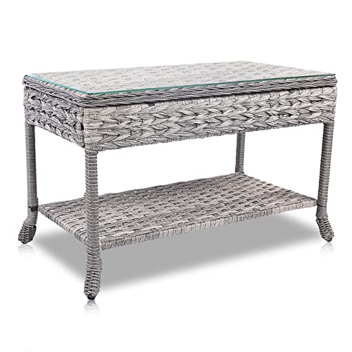 Sunacohen Wicker Coffee Table,Rattan Wicker Patio Table with Glass Top Rattan Storage for Indoor