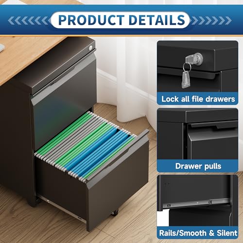 Kooyon 2 Drawer File Cabinet with Lock,Under Desk Storage Metal Filing Cabinet for Legal/Letter/A4 File,Mobile Rolling File Cabinet for Home Office -Black - Thumbnail 7