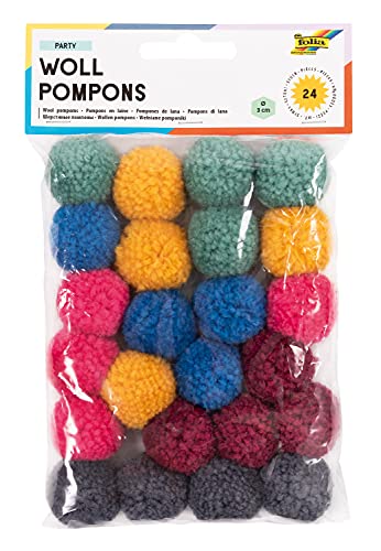 folia 50241 - Lot de 24 pompons en laine pour fête, assortis en 6 couleurs, environ 3 cm de diamètre, idéal pour les travaux manuels colorés