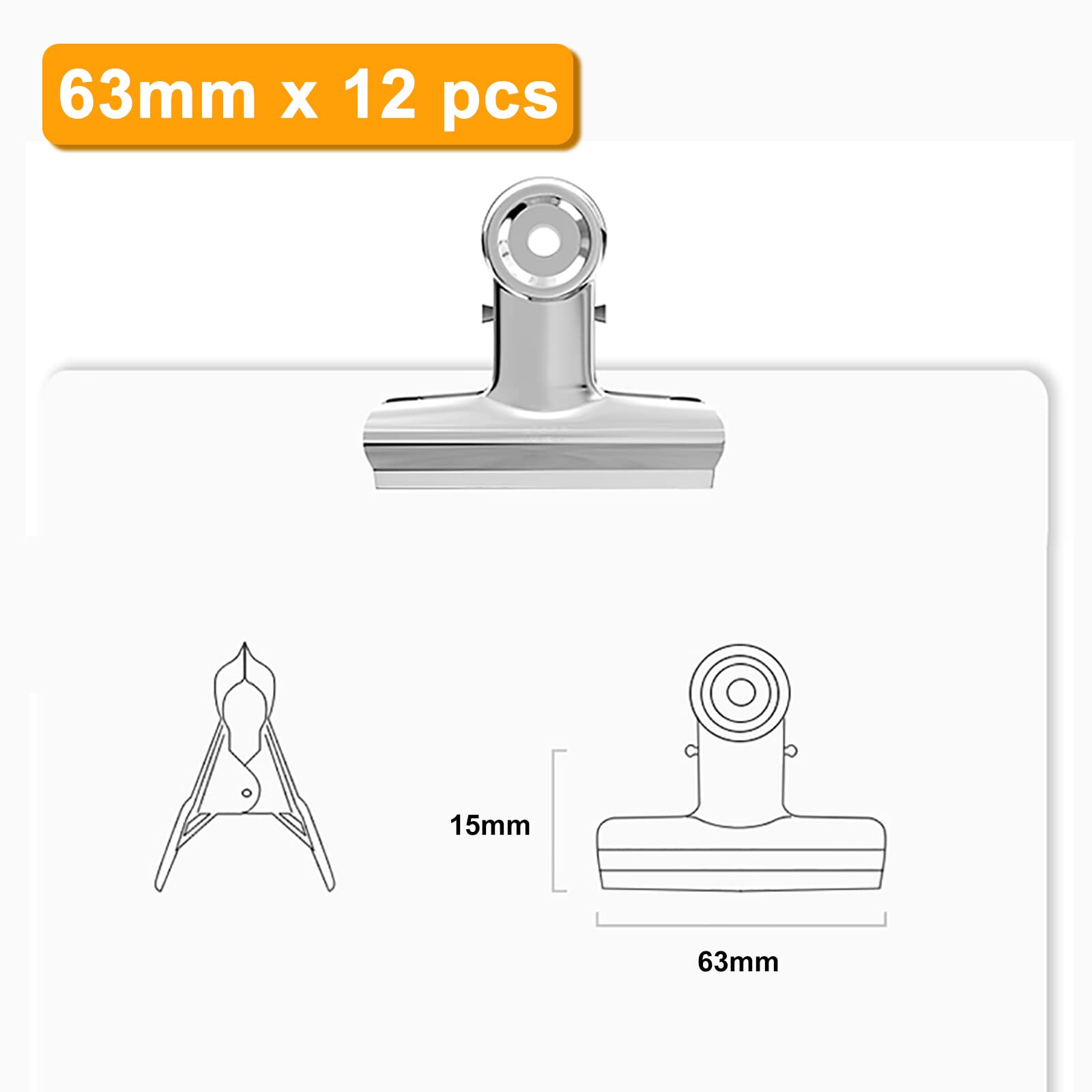63mm Bulldog Clip, 12 Piezas Grande Bulldog Clip | Pinza Bulldog, Plata Binder Clip, Metal Bisagra Clip para Oficina Escuela Foto