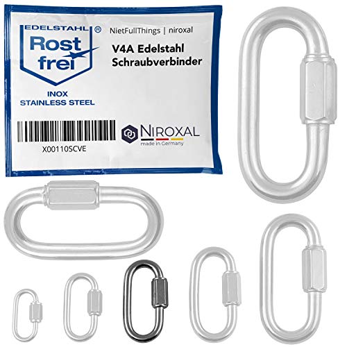 4 unidades 5-mm V4A acero inoxidable mosquetón de cadena forma corta, recta y robusta carga de rotura 930 kg conector de cadena mosquetón atornillado eslabón de emergencia