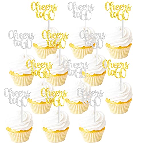 18PCS Cheers to 60 Cupcake Topper Picks for 60th Happy Birthday Wedding Anniversary Celebrating 60 Years Old Cake Dessert Decoration Supplies Gold silver Glitter