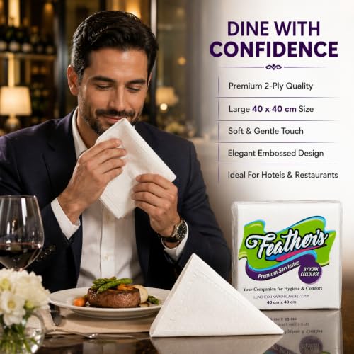 Image of Feather's Premium Tissue Paper Napkin | 2Ply, 50 pulls per pack, Pack of 3, 40 X 40 cm | Naturally White, Super Strong & Absorbent | Extra Soft Luncheon Paper Napkin | Best for Serving & Daily Use