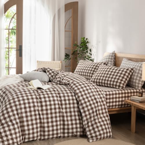 Image of BESTOUCH Gingham Cotton Duvet Cover Set Cocoa Brown Twin | Washed Cotton, Linen Feel, Soft Wrinkle Texture, Hidden Zipper, 8 Ties, Breathable Lightweight Durable Comfy, 2 Pcs No Insert
