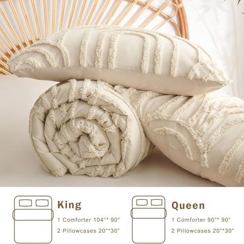 Image of Boho Tufted Comforter Queen Size Beige Geometric Tufted Comforter Set Bohemian Arch Tufted Bed Set 3 Pieces Shabby Chic Embroidery Soft Jacquard Bedding for All Seasons with 2 Pillowshams