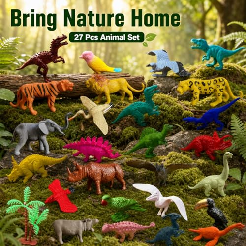 Image of ZESTHOME Animal Figure Toy Set for Kids | Wild Animals, Dinosaurs & Birds with Tree | Realistic Jungle, Safari & Zoo Animal Figurines | Play Gift Toys for Boys & Girls 3+ | 27-Piece