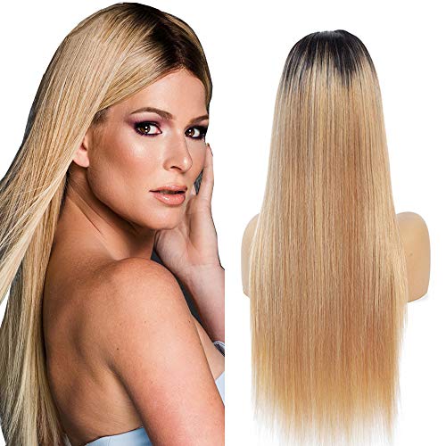 NIUDINNG Schwarz bis Blond Ombre Gerade 4x4 Lace Wig 100% Human Hair Weiche Schweizer Spitze Blond Hair Wigs Free Part Perücke Echthaar Kurz 14 zoll Human Hair For Women Cover