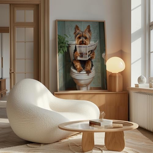Image of Yorkshire Terrier on Toilet Wood Framed Wall Art Print Poster, Dog Bathroom Humor Decor Posters Prints for Restroom Home Picture Painting Artwork Gallery 7 (Yorkshire Terrier, 10 inchL x 8 inchW, Wood Frame)