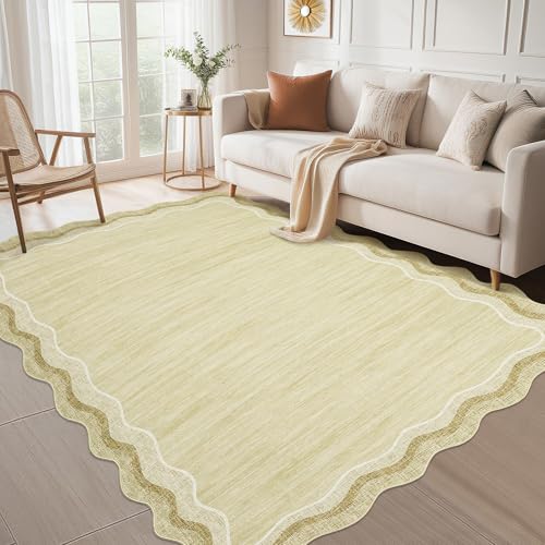GarveeHome Large Scalloped Rugs 10x13 for Living Room Bedroom Washable Scalloped Solid Rug Non-Slip Stain Resistant Carpet Easy Clean Kids&Pet Friendly Carpet for Farmhouse Dining Room Dorm Beige