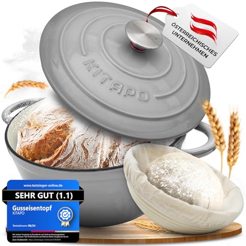 KITAPO Gusseisen Topf [inkl. Gärkorb + Teigtuch] - Hochwertiger Emaille Topf 24cm- Idealer gusseiserner Brottopf zum Backen, Gusseisentopf Brotbacken, Brot Backen Zubehör, Bräter