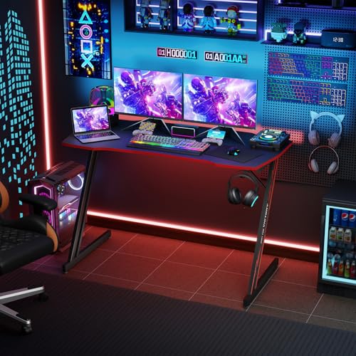 Image of BestOffice Gaming Desk Z Shaped 47 inch PC Computer Desk Computer Workstation Ergonomic Gaming Table with Headphone Hook for Game Players, Black&Red