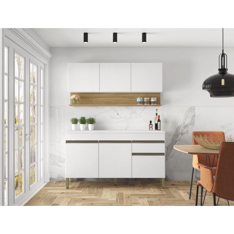 Cuisine Equipée 6 Portes 1 Tiroir Chêne et Blanc 9 NIches L 120 H 200 P 53.3 cm