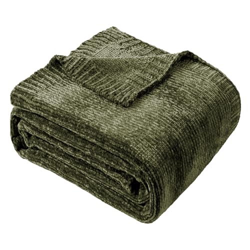BATTILO HOME Olive Green Chenille Throw Blanket for Couch Cozy Knit Throw Blanket for Bed Sofa Outdoor Super Soft Warm Green Blankets Chenille Blankets for Home Decor 51x67