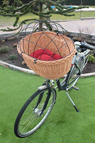 Marcus´ Weidenhandel Hundefahrradkorb für Fahradlenker aus Weide mit Metallgitter und Kissen XL oder XXL Lenkrad Weidenkorb Hundekorb Lenkerkorb Einkaufskorb Natur (XXL mit Kissen)