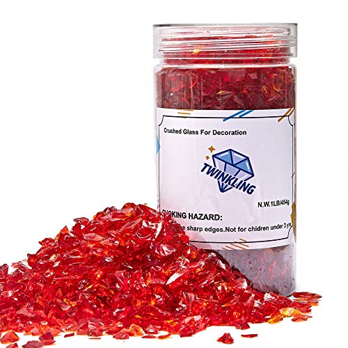 TWINKLING High Luster Fire Glass Gravel Stone Glitter,Broken Glass,Fire Gems Chips,Crushed Glass for Fire Pit Crafts Resin Art Aquarium Garden Decoration,3-6mm,1-Pound Jar (Red)