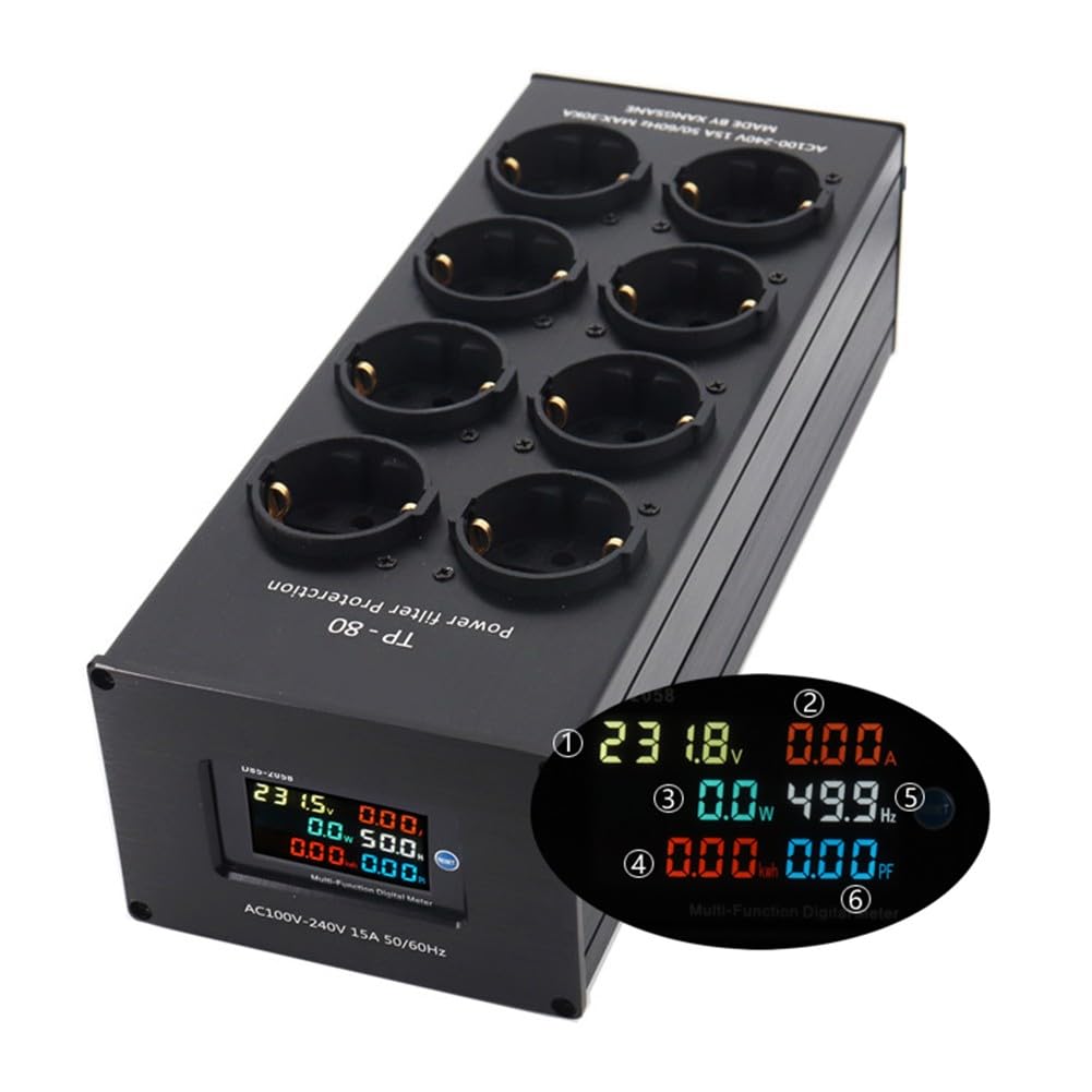 TP80 Plus Netzfilter EU-Standard 6-Fach Steckerdose 3000W 15A EMI-Rauschunterdrückung für Hi-Fi Audio Video System Aluminium Gehäuse Schwarz