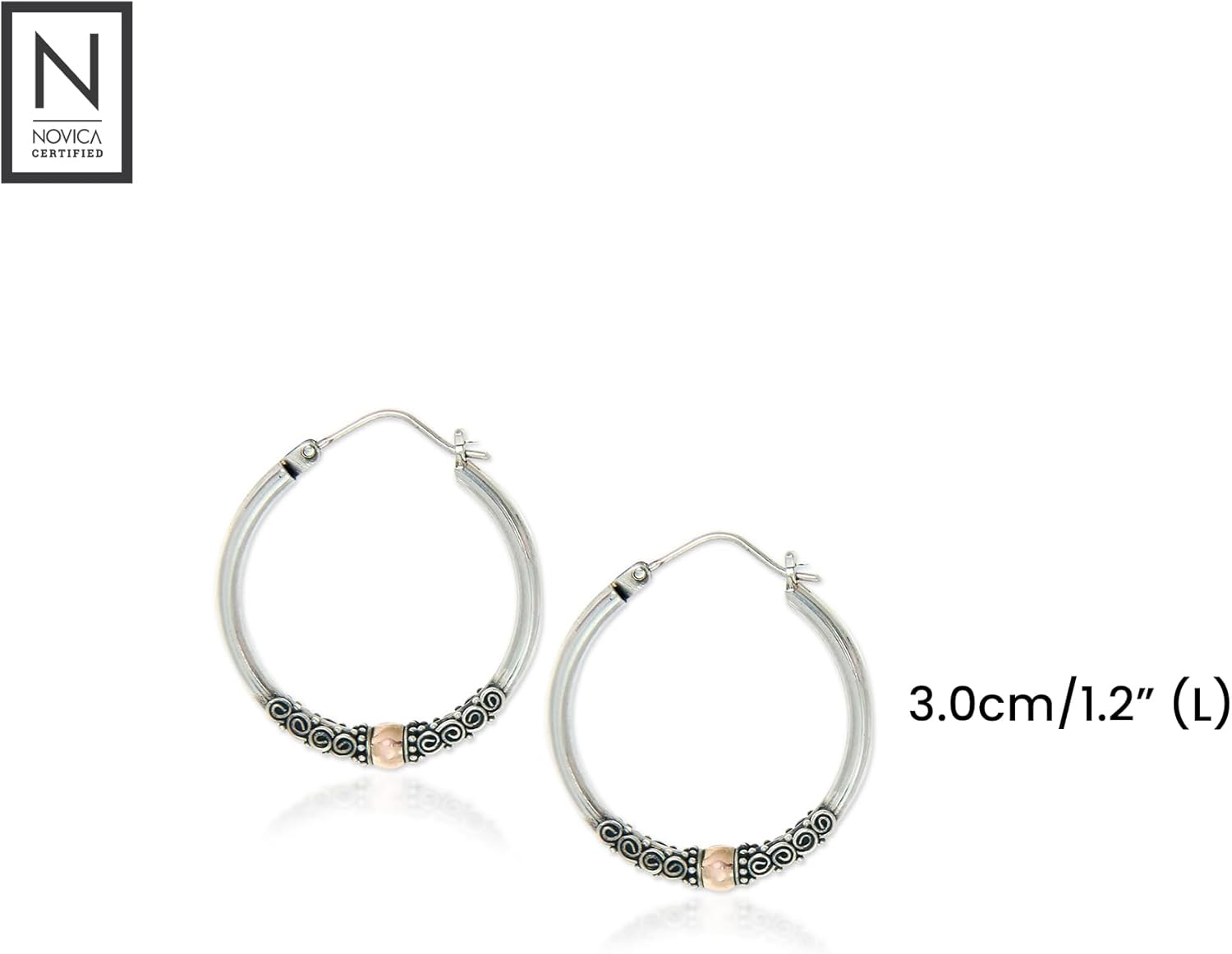 NOVICA Artisan Handmade Gold Accent Hoop Earrings Fair Trade Accented Sterling Silver Indonesia Balinese Traditional [1.2 in L x 0.2 in W x 1.1 in D] ' Two Tone Moon'