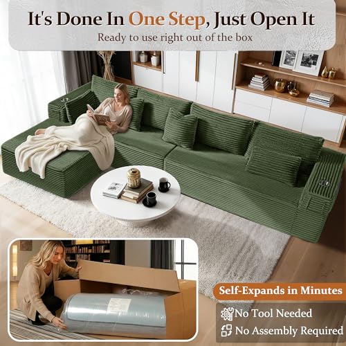 Image of 138 inch Cloud Sectional Couch, Comfort L Shaped Boneless Couch for Living Room, Extra Deep Seats No Assembly, Minimalist Modular Sofa, Corduroy (Olive Green, 3 Seater+Right Facing Chaise)