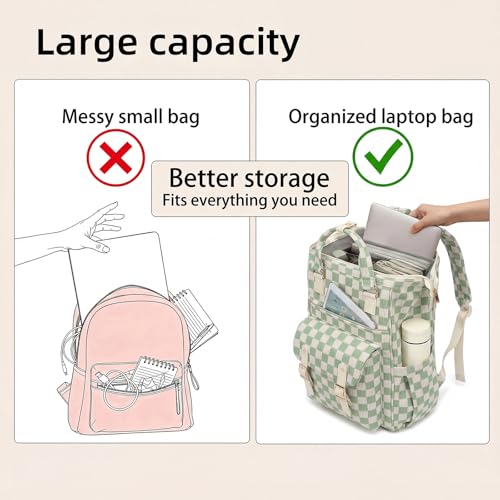 Image of Corduroy Laptop Backpack for Women 15.6 Inch Stylish College School Bookbag, Business Work & Travel Computer Backpacks (Checkered Green)