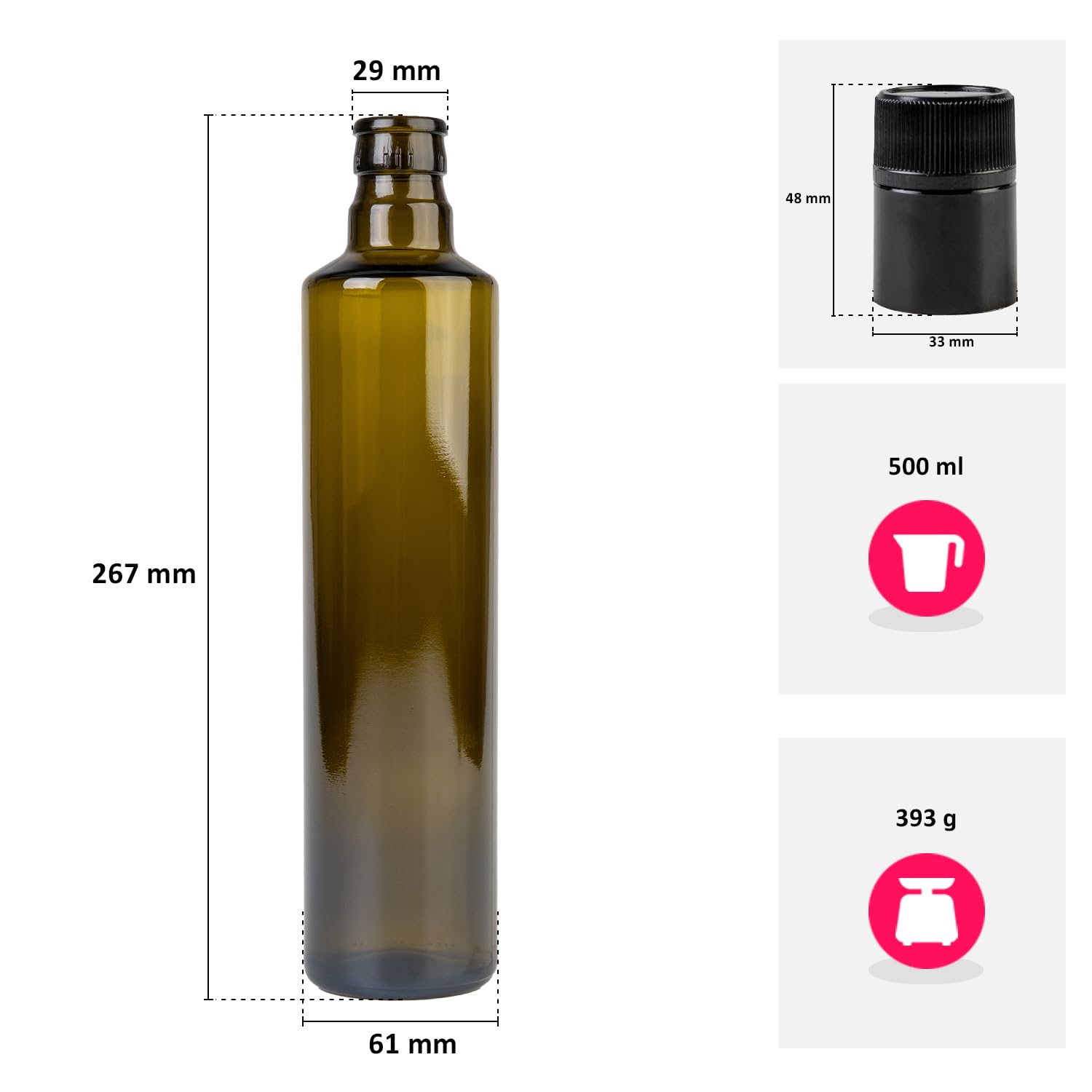 Szklane butelki 500 ml Dorica – oliwkowa zieleń, na olej, ocet i oliwę z oliwek, z dozownikiem – idealne do kuchni, gastronomii i zapasów (40 szt.)