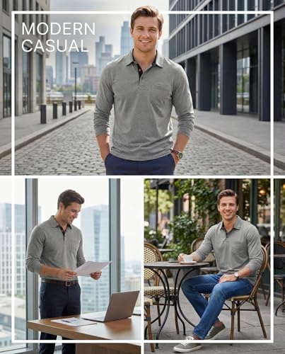 Camiseta polo para hombre de manga larga con cuello contrastante y botones, estilo casual para golf y uso diario | Bolsillo en el pecho, transpirable, ligera, diseño clásico sin costuras visibles, movimiento flexible, estilo de trabajo a fin de semana miniatura 6