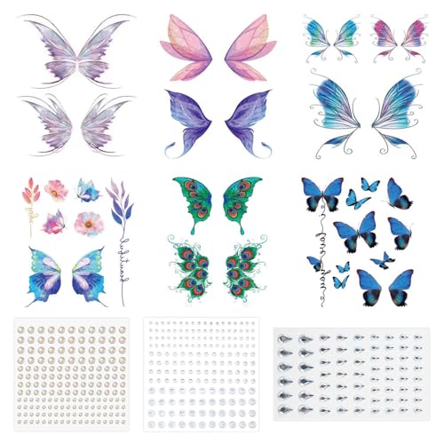 Lot de 6 autocollants de tatouage ailes de papillon, avec 2 autocollants de diamants ronds, 1 autocollant de diamant goutte d'eau, autocollant de visage de...