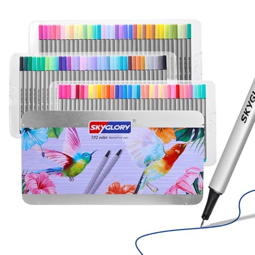 SKYGLORY 102 Colours Fineliner Pens Set-0.4mm Fine Tip with Free Colouring Card & Pad Colour-Matched Caps for Professional Illustration & Technical Drafting (102)