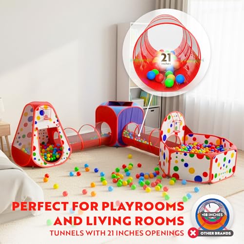 Image of Playz 5pc Pop Up Play Tent and Crawl Through Tunnels for Kids w /Carry Bag | Ball Pit for Toddlers with Play Tunnels, Baby Tents Indoor playground for age 3+ Boys and Girls [Pit balls not included]