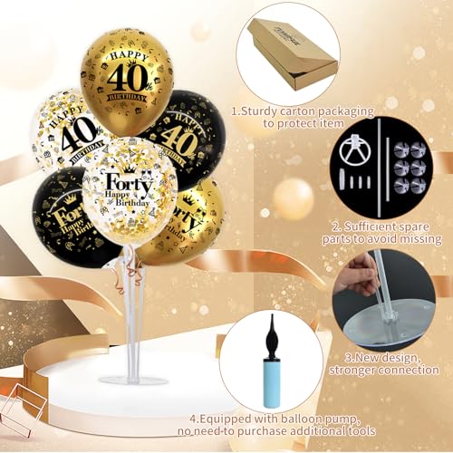 Image of TONIFUL 4 Set Black Gold 40 Printed Balloon Stands for 40th Birthday Decor