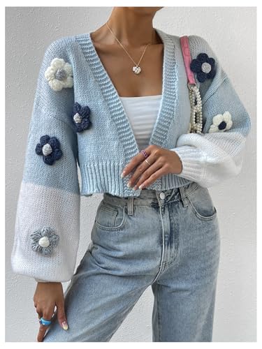 GORGLITTER Women's Chunky Knit Cardigan Sweater Y2k Flower Long Sleeve Open Front Bolero Shrug Crop Cardigan Sweater Jacket4