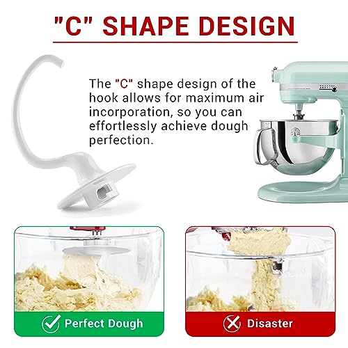 Image of K5ADH Dough Hook for KitchenAid 6 Quart Bowl-Lift Stand Mixer, Dough Hook Replacement for KitchenAid Professional 600 Series Mixers, White