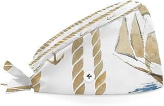 Bouffant Scrub Caps Printed Working Surgical Cap Ship and Rope Nurse Hats with Buttons and Sweatband Adjustable Tie Back Hat for Women Men Multi Color