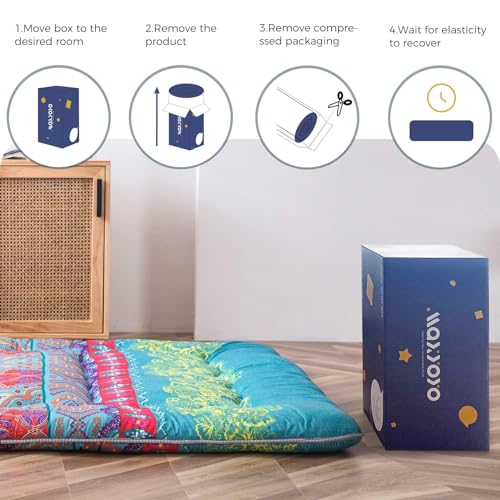 Image of MAXYOYO Bohemian Futon Floor Mattress Boho Floral Style Japanese Tatami Mat Foldable Mattress Portable Camping Sleeping Pad Lounger Couch, Queen