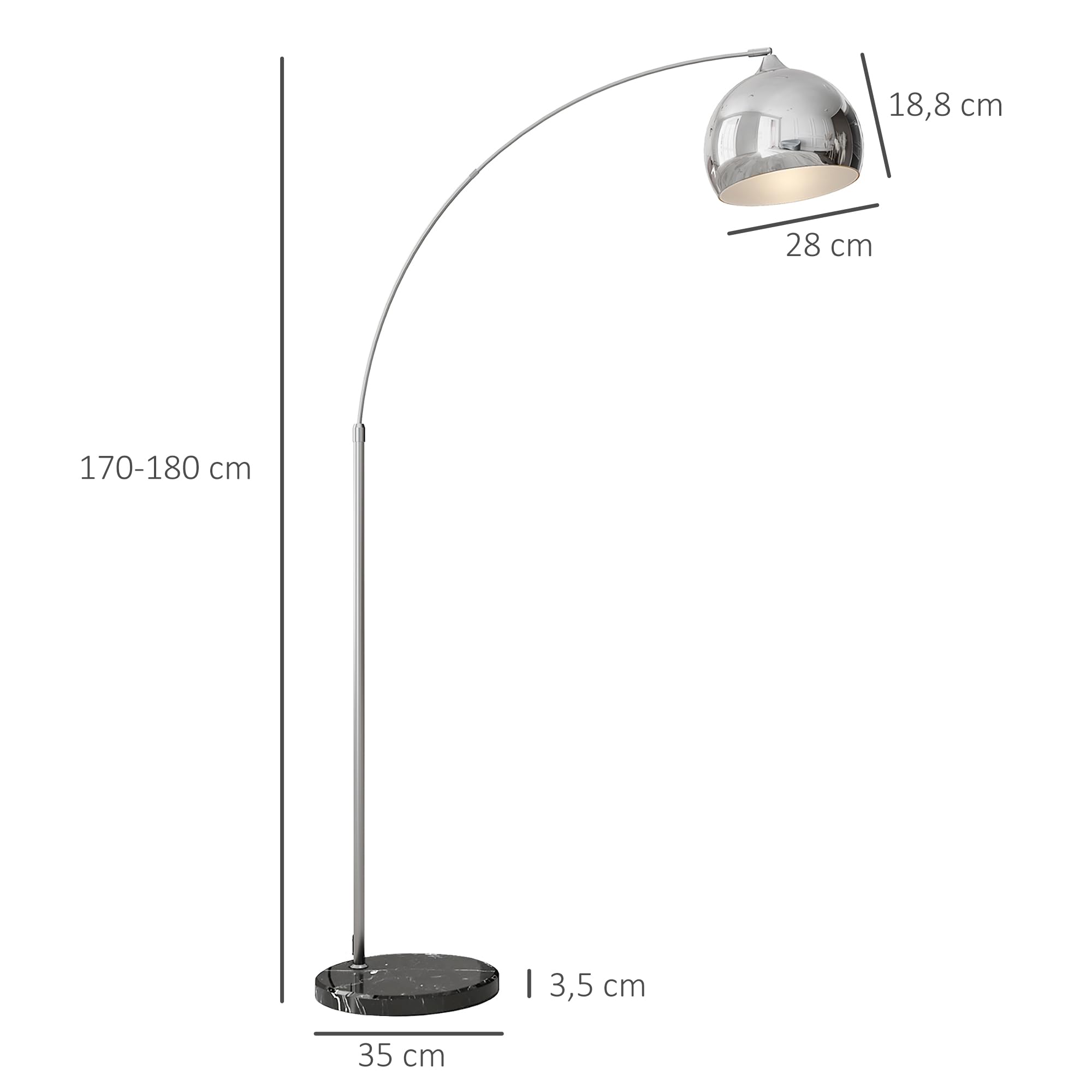 HOMCOM Stehlampe Stehleuchte höhenverstellbar, schwenkbar Bogenlampe mit E27 Fassung Standleuchte für Wohnzimmer Schlafzimmer, Silber, exkl. Glühbirne