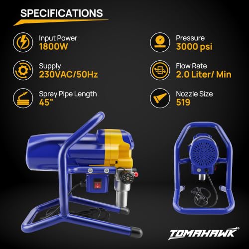 Image of TOMAHAWK APS-9470 1800W Airless Paint Sprayer Machine 3000 PSI High Pressure 2.0 L /Min Flow Rate 519 Multipurpose Nozzle 100% Copper Motor Supports Water & Oil Based Paint Professional Paint Sprayer