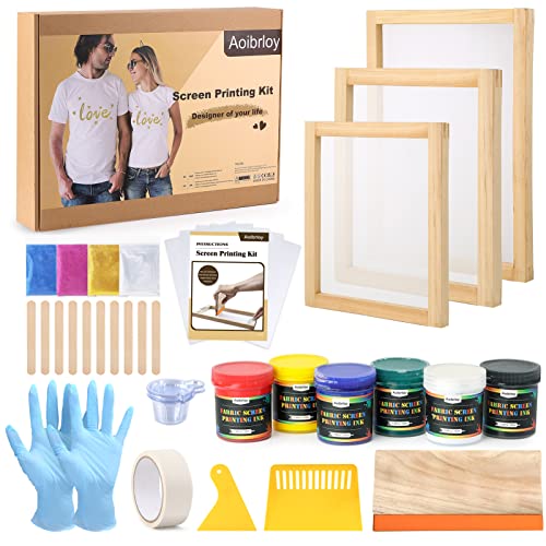Aoibrloy Screen Printing Kit with 6 Fabric Screen Printing Ink and 4 Fine Glitter, Include 3 Size Wood Silk Screen Printing Frames, Screen Printing Squeegee, Transparency Films and Instructions