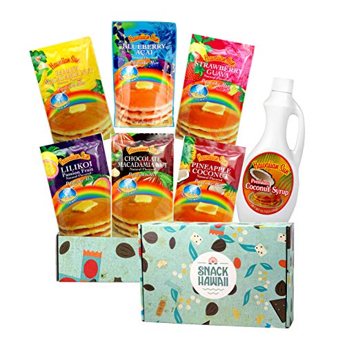 Snack Hawaii Hawaiian Pancake Mix and Coconut Syrup Gift Box - Complete Healthy Breakfast for the Family - Easy to Prep and Cook, Just Add Water - Soft and Fluffy - 6 Flavor Packs in a Beautiful Box