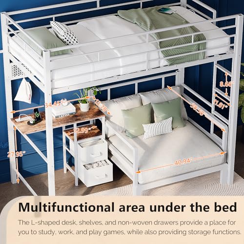 Image of VINGLI Twin Over Twin Bunk Bed with Desk, 15'' Extra High Guardrail Loft Bed with LED Lights,2 Charging Station,and 2 Storage Drawers,2 Deckers Bed,Metal Space Saving Platform Bed with Vanity,White