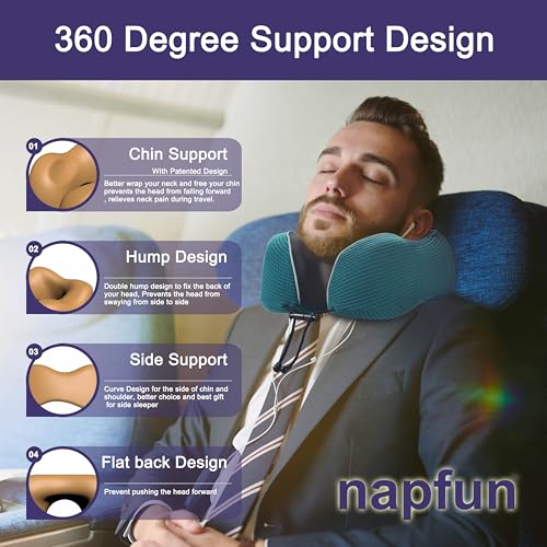 Image of napfun Neck Pillow for Traveling, Upgraded Travel Neck Pillow for Airplane 100% Pure Memory Foam Travel Pillow for Flight Headrest Sleep, Portable Plane Accessories, Teal