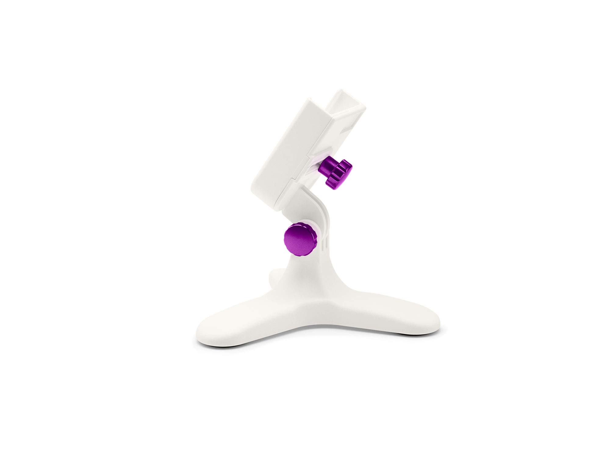 WeatherTech DeskFone in White - Adjustable, Universal Cell Phone Holder Mount Stand for Desk, Counter, Table - Tripod Design for iPhone &amp; Smartphone Charging - Violet Metal Knobs