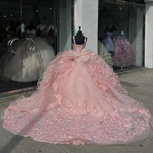 Lace Appliques Quinceanera Dresses with Big Bow Princess XV Dress Puffy Ruffled Ball Gown with Long Train SK0013