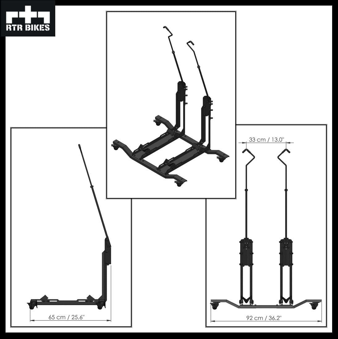 RTR BIKES Double Up Support Vélo Sol Vertical pour 2 Vélos - Râtelier Mobile sur Roulettes - Charge 60kg (2x30kg) idéal VTT & VAE - Gain de Place 0,5m² - Sans Perçage - Made in EU