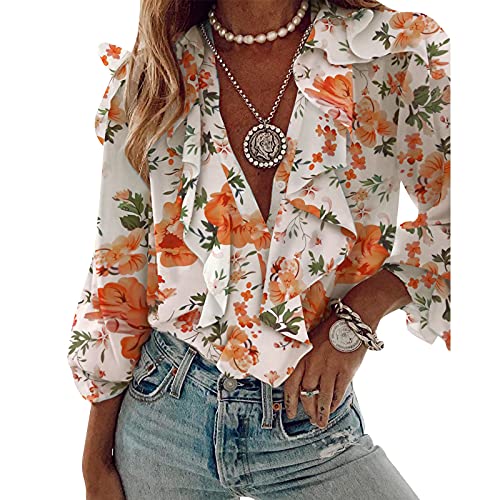 Camisa de Mujer con Manga Larga Blusa Elegante de Escote en V con Volantes para Oficina Camisa...