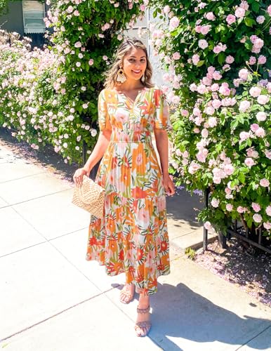 Image of ZESICA Women's 2026 Summer Spring Floral Boho Maxi Dresses Casual Short Sleeve V Neck A Line Flowy Beach Vacation Dress