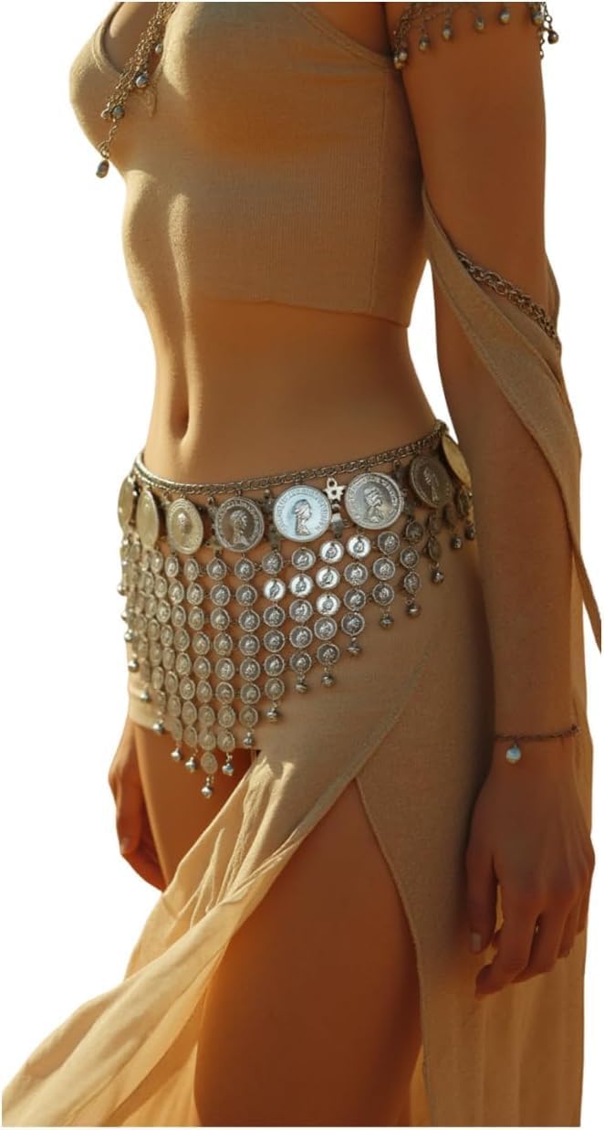 Women Silver Metal Fashion Belt - Ethnic Coin Greek Charms Belly Dance Hip Waist S M L