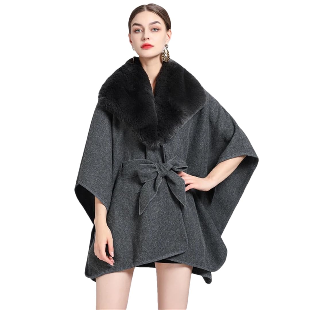 Poncho de Lana cálido de Invierno para Mujer, Chal, cárdigan, Cuello Triangular, cinturón, Capa Suelta (Gris 9, Talla única)