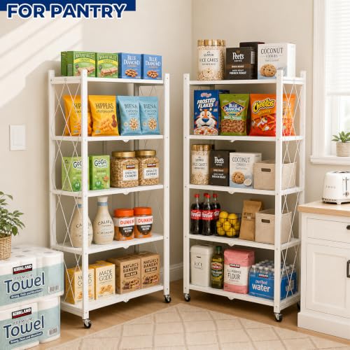 Image of 5 Tier Foldable Storage Shelf with Wheels, Heavy-Duty Metal Shelving Unit, No Assembly Book Shelf Rolling Storage Rack for Garage, Kitchen, Pantry, Closet, Exhibition, Office Decor, White