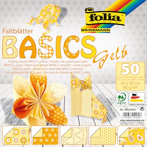 Bringmann Folia Basics folding sheets, 80 g/qm, 50 sheets assorted in 5 designs, yellow, 20 x 20 cm - Image 4